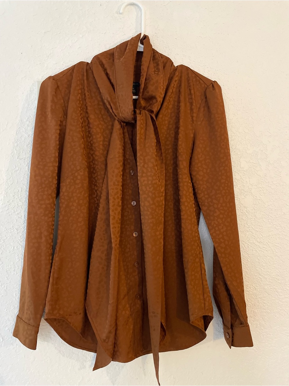 Ann Taylor Satin Tie-Neck Long Sleeve Blouse - Brown